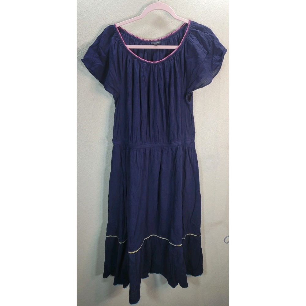 Talbots Navy Blue Cotton Maxi Dress L Tiered Short Sleeve Boho Summer‎ Flawed
